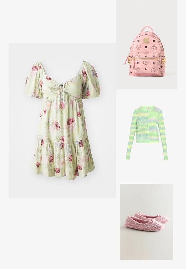 Grün und pastellgestreifter, verkürzter Cardigan mit gerippter Textur, ausgestattet mit fünf grünen Knöpfen in der Mitte und einem runden Ausschnitt.; Blumenkleid aus leicht grünem Stoff mit Rüschenshirts, gerafftem Oberteil und gestuftem Rock mit rosa und lila Rosenmustern.; Rosa gesteppte Hausschuhe mit weicher Textur, runder Spitze und Schleifendetail vorne. Für Komfort gestaltet, mit einem weichen Innenfutter.; Kleiner rosa Leder-Rucksack mit schwarzen MCM-Logos, goldfarbenem Reißverschluss, Nieten und einem oberen Griff auf weißem Hintergrund.