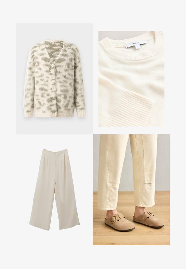 Creme cardigan med blød, fuzzy tekstur, prydet med et gråligt abstrakt mønster, v-hals og fem cremefarvede knapper fortil.; Strikket sweater i cremefarve med ribkant ved hals og ærmer. Fremstillet af blødt materiale med en diskret tekstur over det hele.; Beige breddebenede bukser med plisseret front, elastisk talje og blød stoftekstur. Ingen synlige lukninger eller lommer.; Tan ruskinds-sandaler med en bred strop og gyldent spænde, tekstureret overflade og brun gummisål; båret med løse elfenbenfarvede tapered bukser.