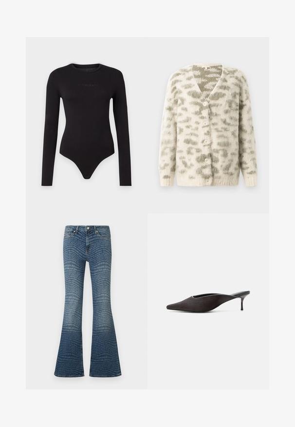 Krémový cardigan s jemnou, plyšovou textúrou, s šedým abstraktným vzorom, v-výstrihom a piatimi krémovými gombíkmi na prednej strane.; Čierny bodysuit s dlhým rukávom vyrobený z mäkkej látky, s okrúhlym výstrihom a štruktúrovaným logom "Guess Jeans" na prednej strane.; Modré rozšírené rifle s celoplošným opakujúcim sa vzorom loga "JOOP! JEANS" a klasickým päťvreckovým strihom.; Čierne mule topánky s špicatou špičkou, nízkym jehlovým opätkom a hladkým elegantným povrchom, zobrazené zboku na bielom pozadí.