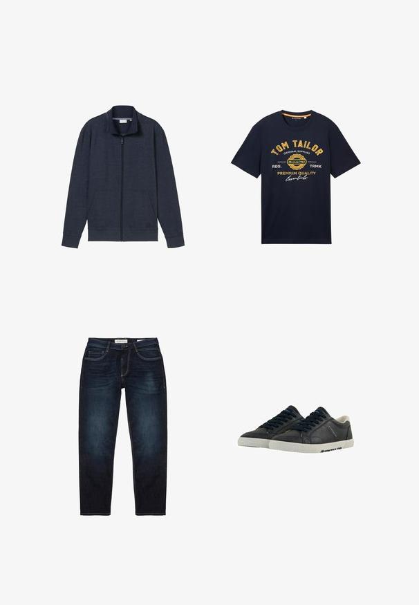 Chaqueta de cremallera azul marino con un alto cuello, dos bolsillos frontales y puños acanalados. Fabricada en un tejido suave y texturizado, presenta un logotipo en el pecho.; Camiseta de algodón azul marino con cuello redondo, mangas cortas y texto amarillo que detalla la marca y el eslogan en el frente.; Jeans de mezclilla azul oscuro con un ajuste estándar, que presentan una cremallera, cinco bolsillos y costuras amarillas en contraste. Textura suave en general.; Zapatillas de deporte de cuero marino con suelas de goma blanca, punta redonda y cordones negros. Texturas sutiles y marcas en los laterales. Diseño casual.