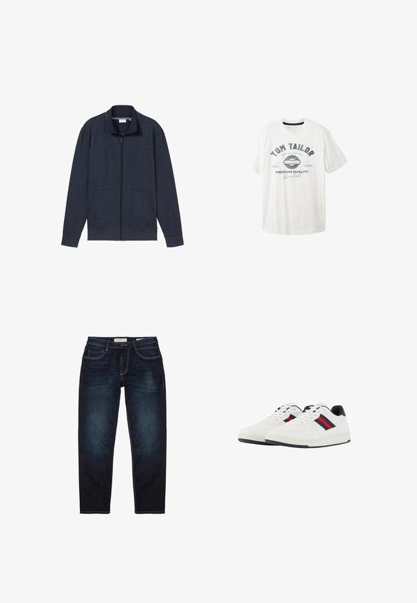 Chaqueta de cremallera azul marino con un alto cuello, dos bolsillos frontales y puños acanalados. Fabricada en un tejido suave y texturizado, presenta un logotipo en el pecho.; Camiseta de algodón blanca con cuello redondo, mangas cortas y estampado gráfico en la parte frontal en negro y azul con el nombre de la marca "Tom Tailor."; Jeans de mezclilla azul oscuro con un ajuste estándar, que presentan una cremallera, cinco bolsillos y costuras amarillas en contraste. Textura suave en general.; TOM TAILOR Zapatillas - white navy