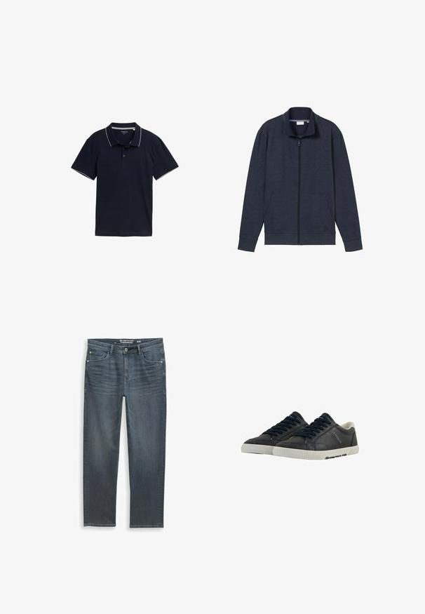 Marinekleurige zip-up jack met een hoge kraag, twee voorzakken en geribbelde manchetten. Gemaakt van zachte, gestructureerde stof, met een logo op de borst.; Donkerblauwe polo shirt van katoen, met een klassieke kraag, een drie-knopen placket en contrasterende lichtgrijze afwerking op de kraag en mouwen.; Donkergrijze relaxed-fit jeans met een ritssluiting, vijf-pocket ontwerp en subtiele vervaging. Gemaakt van denim met een soepele textuur.; Marine leren sneakers met witte rubberen zolen, ronde neus en zwarte veters. Subtiele texturen en branding aan de zijkanten. Casual ontwerp.