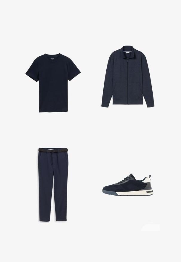 Dunkelblaues Zip-Jackett mit hohem Kragen, zwei vorderen Taschen und gerippten Bündchen. Hergestellt aus weichem, strukturiertem Material und mit einem Logo auf der Brust.; Marineblaue Baumwoll-T-Shirt, kurze Ärmel, Rundhalsausschnitt, glatte Textur, einfaches Design, keine Muster oder Akzente, gerade Saumlinie.; Dunkelblaue Hosen mit Seitentaschen und einem schwarzen Gürtel, vor einem weißen Hintergrund präsentiert.; Dunkelblauer und grauer Mesh-Sneaker mit weißen Akzenten, Schnürverschluss, seitlichem Markenlogo und einer gepolsterten weißen und grauen Sohle.