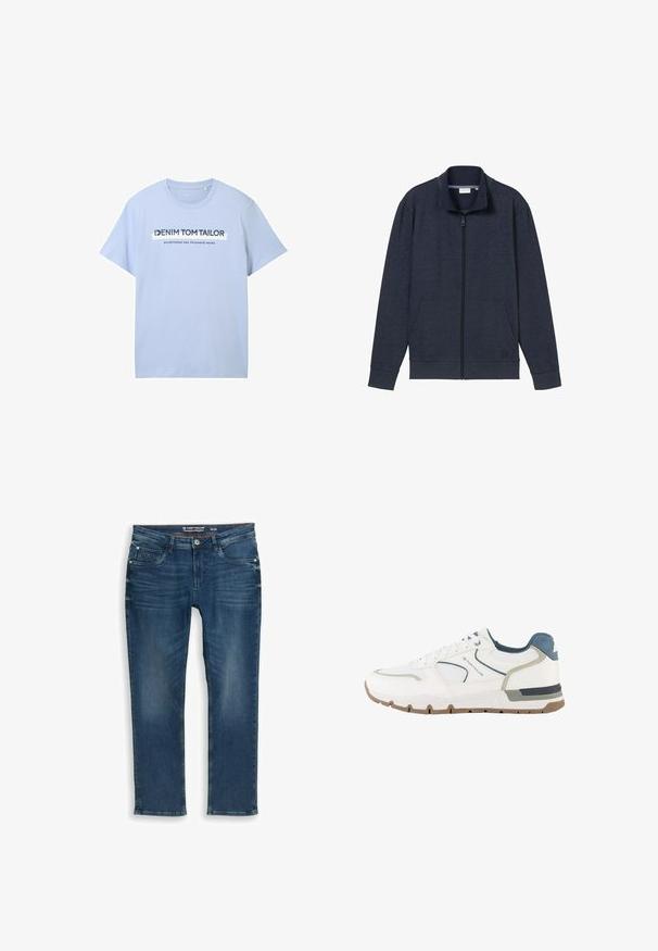 Marine-blå lynlåsjakke med høj krave, to frontlommer og ribbede manchetter. Lavet af blødt, struktureret stof, med et logo på brystet.; Lysblå bomulds t-shirt med korte ærmer og rund hals. Frontgrafik inkluderer "DENIM TOM TAILOR" og "etableret to tusinde og syv."; Mørkeblå jeans med lige ben lavet af denim. Har forlommer og lynlås foran samt diskret falming og syningsdetaljer ved taljebåndet.; Hvid og grå atletisk sneaker med blå detaljer, mesh-stof og en brun sål, mærket med "Tom Tailor" på siden.