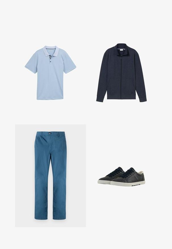 Marine-blå lynlåsjakke med høj krave, to frontlommer og ribbede manchetter. Lavet af blødt, struktureret stof, med et logo på brystet.; Lyseblå polo-shirt med en tofarvet krave, tre-knaps placket og korte ærmer. Fremstillet af glat, åndbart stof.; TOM TAILOR REGULAR WASHED - Chino - real teal blue; Marine læder sneakers med hvide gummisåler, rund tå og sorte snørebånd. Subtile teksturer og branding på siderne. Casual design.