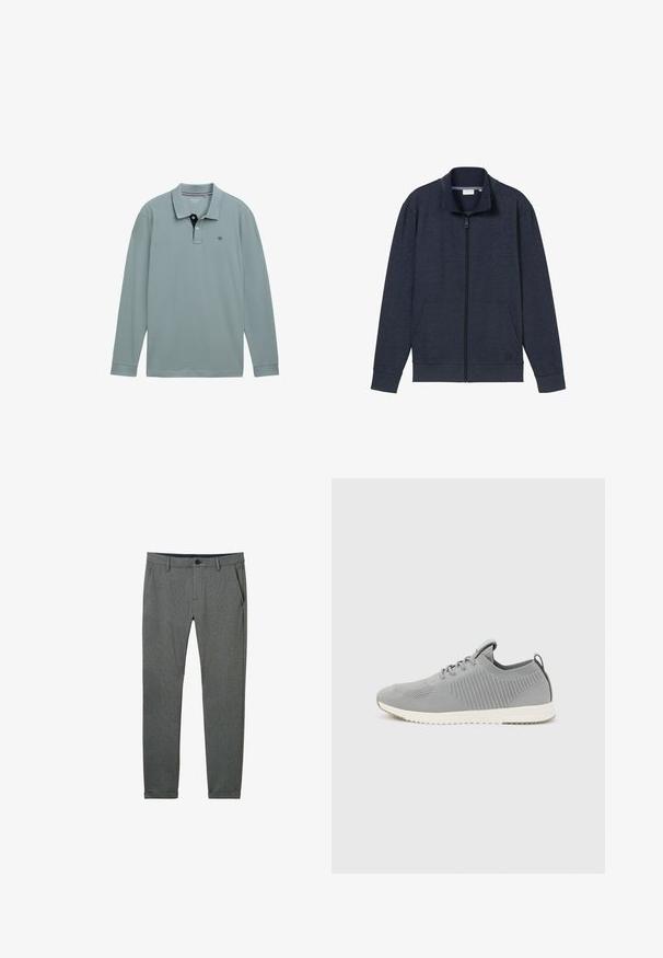 Marine-blå lynlåsjakke med høj krave, to frontlommer og ribbede manchetter. Lavet af blødt, struktureret stof, med et logo på brystet.; Langærmet polo-shirt i lys blå med en kontrastfarvet navy krave. Cotton materiale, med et lille logo på venstre bryst. Klassisk pasform.; Grå bukser lavet af struktureret stof, med en slim fit, sidelommer, bæltestropper og en enkelt knaplukning i livet.; Lysegrå strikket lavtop-sneaker med hvid sål, snøredesign og trækflig på hælen, vist i sideprofil mod en ensfarvet baggrund.