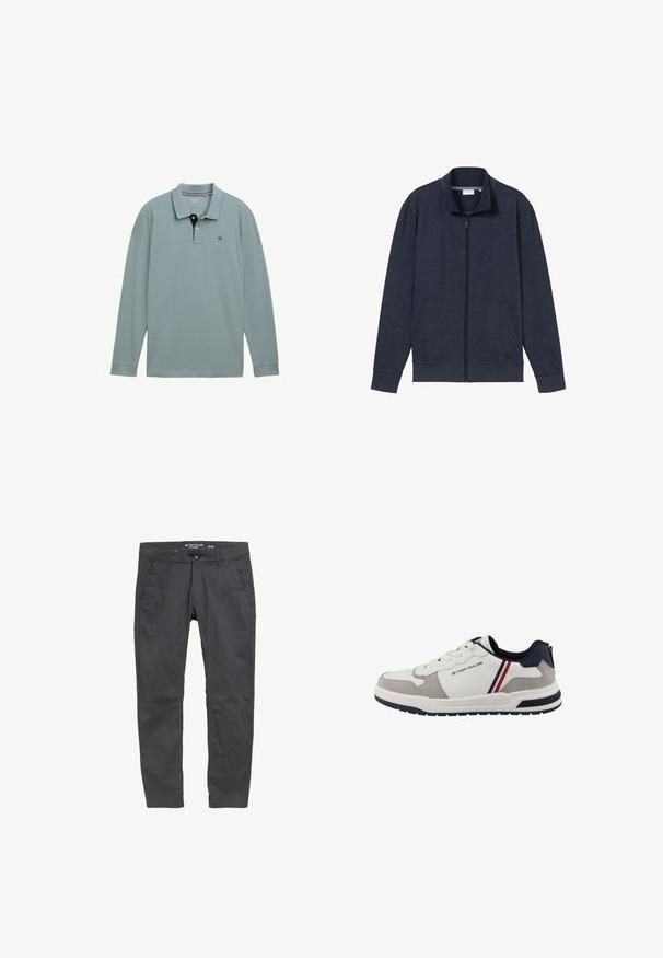 Marine-blå lynlåsjakke med høj krave, to frontlommer og ribbede manchetter. Lavet af blødt, struktureret stof, med et logo på brystet.; Langærmet polo-shirt i lys blå med en kontrastfarvet navy krave. Cotton materiale, med et lille logo på venstre bryst. Klassisk pasform.; Grå bomuldsbukser med lige snit, forlommer og knaplukning. Har diskret branding og en glat tekstur.; Hvide og grå sneakers med tekstil- og ruskindsmaterialer, med dekorative marineblå detaljer og røde og blå striber på siderne.