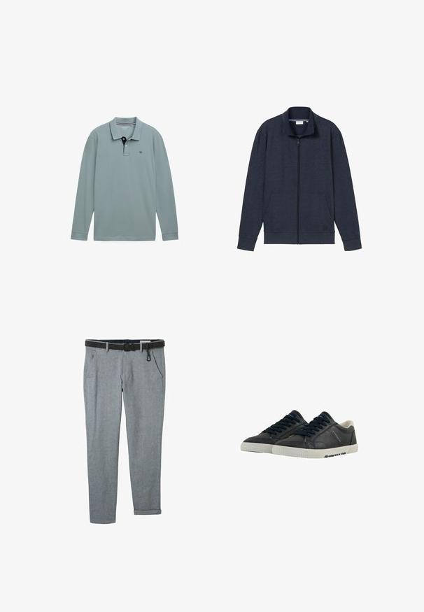 Marinekleurige zip-up jack met een hoge kraag, twee voorzakken en geribbelde manchetten. Gemaakt van zachte, gestructureerde stof, met een logo op de borst.; Lange mouwen polo shirt in lichtblauw met een contrasterende marinekleurige kraag. Katoenen materiaal, met een klein logo op de linkerborst. Klassieke pasvorm.; Grijze geweven broek met een zwarte riem, voorzien van zijzakken en opgerolde mouwen. De stof heeft een subtiele textuur en een klassiek pasvormontwerp.; Marine leren sneakers met witte rubberen zolen, ronde neus en zwarte veters. Subtiele texturen en branding aan de zijkanten. Casual ontwerp.