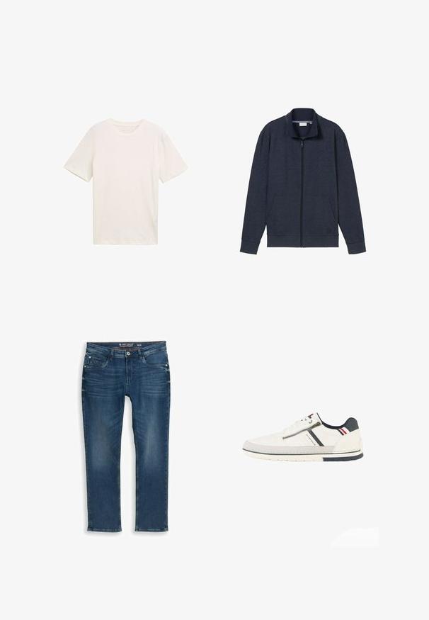 Marine-blå lynlåsjakke med høj krave, to frontlommer og ribbede manchetter. Lavet af blødt, struktureret stof, med et logo på brystet.; Kortærmet T-shirt med rund hals i off-white bomuld. Har en afslappet pasform med glat tekstur og ingen bemærkelsesværdige mønstre eller accenter.; Mørkeblå jeans med lige ben lavet af denim. Har forlommer og lynlås foran samt diskret falming og syningsdetaljer ved taljebåndet.; Hvid lav sko med lynlås i siden, marineblå og røde accenter, sort hælpatch og "Tom Tailor"-branding langs siden.