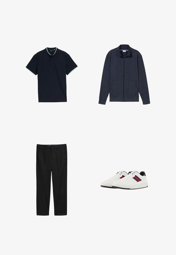 Marinekleurige zip-up jack met een hoge kraag, twee voorzakken en geribbelde manchetten. Gemaakt van zachte, gestructureerde stof, met een logo op de borst.; Marineblauw poloshirt van een gestructureerde stof, met een staande kraag, drie knopen en lichtblauwe accenten op de kraag en mouwen.; Zwarte broek met een rechte snit, gemaakt van een gestructureerde stof. Voorzien van twee zijzakken en een knoopsluiting bij de taille.; TOM TAILOR Sneakers laag - white navy