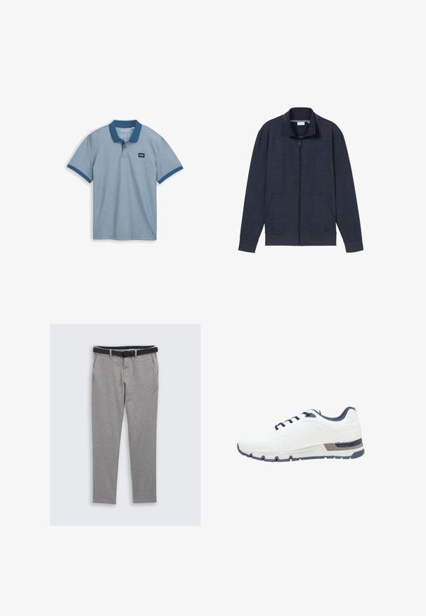 Marinekleurige zip-up jack met een hoge kraag, twee voorzakken en geribbelde manchetten. Gemaakt van zachte, gestructureerde stof, met een logo op de borst.; Lichtblauwe polo shirt met een effen marineblauwe kraag, korte mouwen en een klein stoffen label op de borst, gemaakt van gestructureerd katoenmateriaal.; Grijze geruite broek met een gladde textuur, voorzien van een zwarte riem, zijzakken en een knoopsluiting aan de voorkant. Gemaakt met een op maat gesneden ontwerp en een slim fit.; Witte sportschoen met marineaccenten, gestructureerde bovenkant, zes oogjes voor veters, gevoerde zool en een subtiele patroondetail aan de zijkanten.