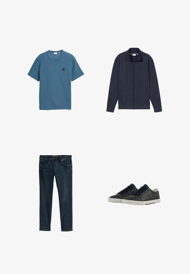 Marinekleurige zip-up jack met een hoge kraag, twee voorzakken en geribbelde manchetten. Gemaakt van zachte, gestructureerde stof, met een logo op de borst.; Blauwe korte mouw t-shirt van een textuurstof, met een ronde halslijn en een vierkante logopatch op de linkerbovenborst.; Donkerblauwe denim jeans met een rechte pasvorm, vijf zakken, subtiele slijtage en een standaard tailleband. Maat: 32/32.; Marine leren sneakers met witte rubberen zolen, ronde neus en zwarte veters. Subtiele texturen en branding aan de zijkanten. Casual ontwerp.