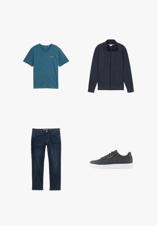 Marinekleurige zip-up jack met een hoge kraag, twee voorzakken en geribbelde manchetten. Gemaakt van zachte, gestructureerde stof, met een logo op de borst.; Tee in een blauwgroene V-hals, gemaakt van zachte katoen, met korte mouwen en een klein wit logo op de linkerborst. Eenvoudig, casual ontwerp.; Donkerblauwe rechte jeans met frontzakken, riemlussen, knoopsluiting en subtiele vervagingdetails. Maat 32/32 van Tom Tailor.; Zwarte lage sneaker met witte zool, veters aan de voorkant en subtiele "Tom Tailor" branding aan de zijkant en op de tong.