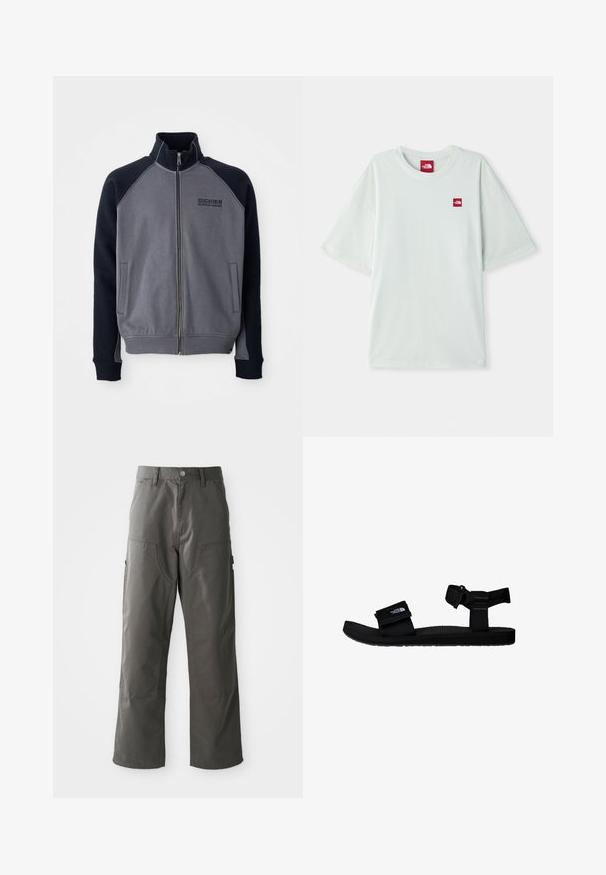 Grå og sort zip-up jakke med høj krave, to forreste lommer og "Dickies Workwear Company" logo på brystet.; Lysegrøn kortærmet t-shirt lavet af blød bomuld, med et lille rødt logo på venstre brystområde. Løs pasform og rund halsudskæring.; Grå cargo-bukser med lige bendesign, der har to forlommer og ekstra sidelommer til opbevaring. Lavet af slidstærkt stof.; Sorte sandaler med justerbare stofremme, tekstureret gummisål og et logo-patch. Designet til komfort og udendørs brug.