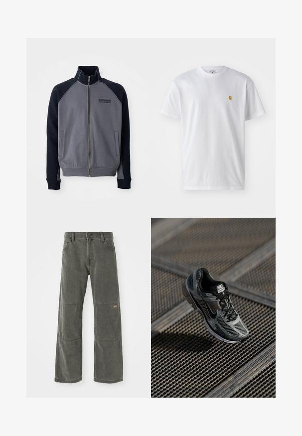 Šedá a čierna zipsová bunda s vysokým golierom, dvoma prednými vreckami a logom "Dickies Workwear Company" na hrudi.; Biele bavlnené tričko s krátkymi rukávmi, okrúhlym výstrihom, s malým zlatým logom na ľavej strane hrude. Mäkká textúra a normálny strih.; Tmavošedé široké nohavice vyrobené z odolného materiálu, so záplatami na kolenách, klasickým zapínaním na prednej strane a prešitými detailmi.; Tenisky Nike Vomero 5 majú sivý sieťovinový a syntetický zvršok, čierne akcenty, polstrovaný golier a odpruženú podrážku pre pohodlie.