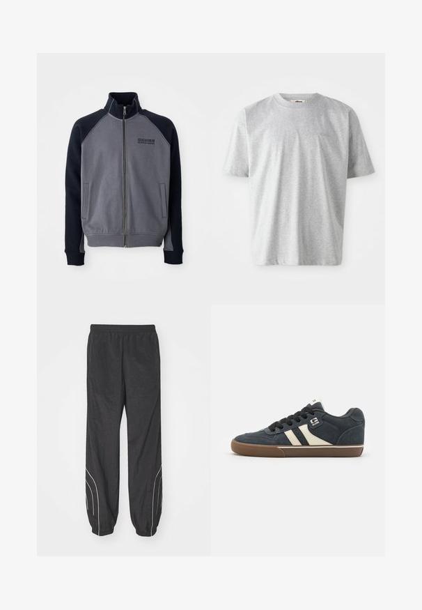 Hallideheline ja must tõmblukkidega jope kõrge kraega, kaks eesmist taskut ja "Dickies Workwear Company" logo rinnal.; Hallav gray lühikeste varrukatega T-särk, mis on valmistatud pehmest materjalist. Omab ümmargust kaelust ja diskreetset logo, mis on esiosas tikitud.; Mustad must windbreaker püksid, millel on elastne vöökoht, kitsenevad sääred ja valged küljeaksendid. Valmistatud kergest, tekstureeritud kangast.; Tumehaljad sametist spordijalatsid kreemjate triipudega, mustade paeltega ja pruuni kummitaldaga. Omab pehmendatud krae ja logo küljes.