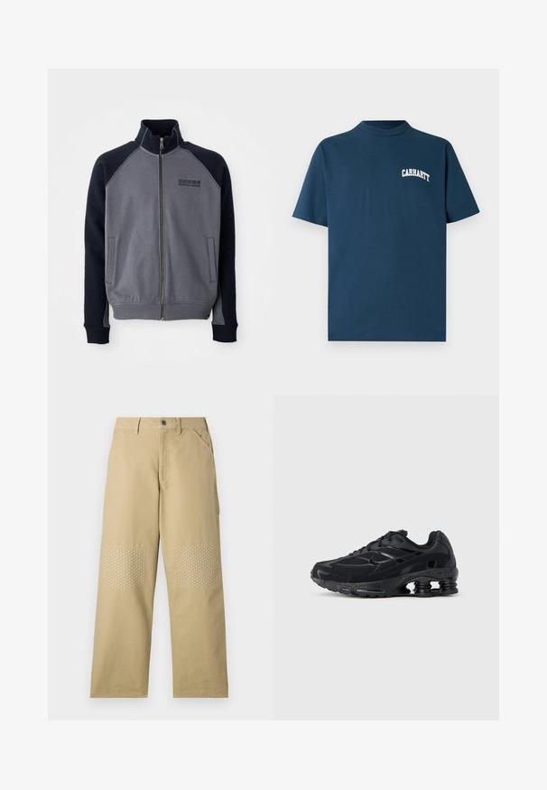 Graue und schwarze Zip-Jacke mit hohem Kragen, zwei Vorderaschen und "Dickies Workwear Company"-Logo auf der Brust.; Dunkelblaues Baumwoll-T-Shirt mit kurzen Ärmeln und Rundhalsausschnitt. Auf der linken Brust ist ein weißes "Carhartt"-Logo aufgedruckt.; Khakifarbene Baumwollhosen mit geradem Bein, versehen mit weißen Kreuzstichen auf den Knie-Patches und einem Frontknopfverschluss.; Schwarzer Sportschuh mit Obermaterial aus Mesh, gepolstertem Kragen und hervorgehobener Dämpfungstechnologie an der Ferse. Verfügt über strukturierte Akzente und Schnürsenkel.