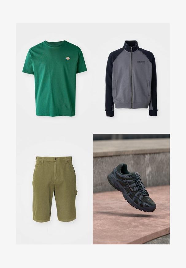 Harmaa ja musta vetoketjullinen takki korkean kauluksen kanssa, jossa on kaksi etutaskua ja "Dickies Workwear Company" -logo rinnassa.; Vihreä puuvillapusero, jossa on pyöreä pääntie, lyhyet hihat ja pieni monivärinen logo vasemmassa rinnassa. Pehmeä rakenne, rento muotoilu.; Olivevihreät puuvillaiset cargo-shortsit, joissa on nappikiinnitys, vyölenkit, sivutaskut ja hieman teksturoitu kangaspinta.; Tummaharmaa Nike juoksukenkä, jossa verkkokangas ja synteettinen muotoilu, leijuu vaaleanpunertavan betonipinnan yläpuolella harmaan kivitaustan edessä.