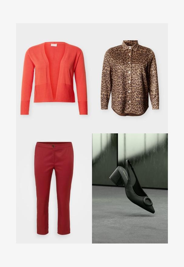 Åben, koralfarvet strikket cardigan med lange ærmer og ribbede manchetter, vist på en ensfarvet lys baggrund.; Langærmet skjorte med leopardprint, knapper foran, to brystlommer og spids krave på ensfarvet baggrund.; Røde skræddersyede bukser i glat stof, med en frontlukning med knap og lige ben, designet til en tætsiddende silhuet.; Sort læder slingback højhælede sko med spids tå og rund spænde, placeret mod en grå gulv og sløret baggrund.