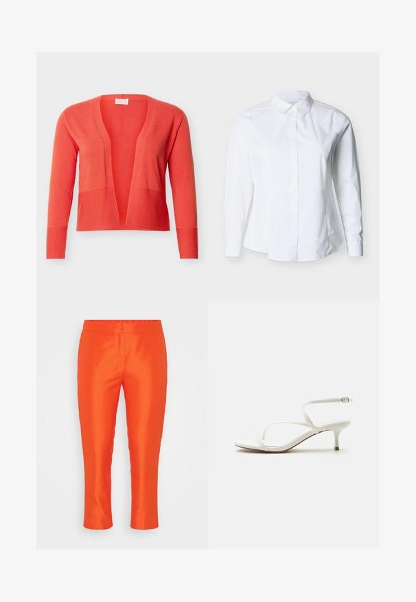 Åben, koralfarvet strikket cardigan med lange ærmer og ribbede manchetter, vist på en ensfarvet lys baggrund.; Hvid langærmet skjorte med knapper, spids krave og figursyet talje mod en lys baggrund.; Lys orange, slim-fit bukser med elastisk talje, enkelt knaplukning og glat tekstur. Ingen synlige lommer.; Hvid damesandal med remme, lav kittenhæl og ankelspænde på ensartet hvid baggrund.