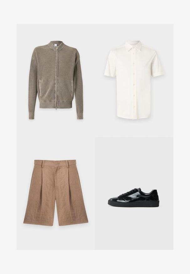 Pull beige en maille zippé avec col, poignets et bas côtelés, comprenant des poches avant et un motif vertical texturé.; Chemise blanche à manches courtes avec col pointu, logo subtil sur la poitrine gauche, présentée sur un fond gris clair uni.; Shorts beige coupés sur mesure, longueur genou, avec passants de ceinture, plis à l'avant, poches latérales et taille ajustée sur fond blanc.; Baskets en cuir verni noir avec un bout arrondi, un laçage, une semelle en caoutchouc texturé et une finition lisse.
