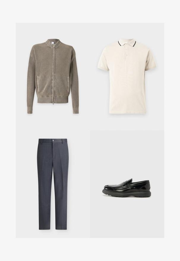 Pull beige en maille zippé avec col, poignets et bas côtelés, comprenant des poches avant et un motif vertical texturé.; Polo beige à manches courtes avec trois boutons et un col orné d'une fine bande noire.; Pantalon habillé sur mesure gris foncé avec fermeture par bouton et zip, passants de ceinture et coupe droite sur fond blanc.; Mocassin en cuir noir avec une finition brillante, bout arrondi, détails de couture subtils et semelle en caoutchouc épaisse pour la durabilité.
