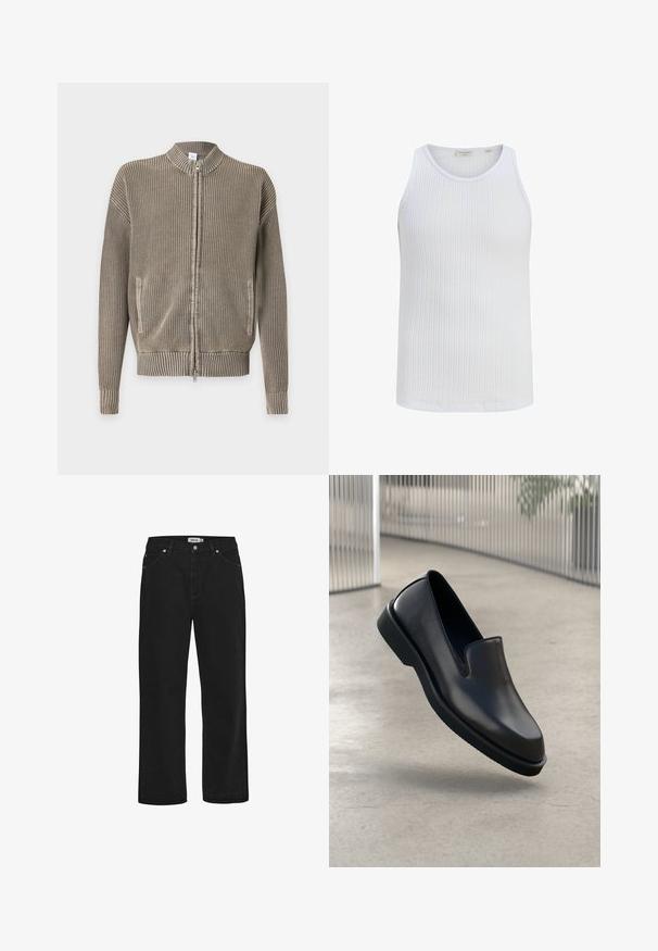 Jersey beige de punto con cremallera, cuello, puños y bajo acanalados, con bolsillos delanteros y un patrón vertical texturizado.; Camiseta sin mangas de algodón blanco con tejido acanalado y cuello redondo de Jack & Jones, mostrada sobre un fondo blanco liso.; Vaqueros de mezclilla negra con corte recto, diseño de cinco bolsillos, detalles en hardware de cobre y una cinta de cintura resistente. Textura suave, estilo sin adornos.; Zapato negro de cuero sin cordones con punta redondeada, panel frontal elevado y suela de goma texturizada, sobre un suelo liso.