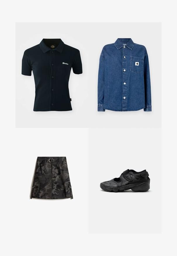 Sort polo-shirt lavet af ribbet stof. Har korte ærmer, en krave og en knapstolpe med et hvidt broderet logo på brystet.; Denimskjorte i mørkeblå med knaplukning foran, spidst krave, lange ærmer og en brystlomme med et logo-badge. Glat tekstur.; Kamuflage nederdel i mørkegrå og sort, med en frontlynlås, bælte med sølvspænde og to cargo-lommer med ringe.; Sort atletisk sandal med lukket tå, velcro stropper ved mellemfoden og hælen samt tyk polstret sål markeret med "AIR" på siden.