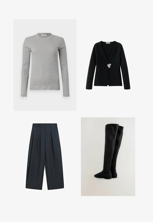 Sort strikket cardigan med en dyb V-hals, lange ærmer og en sølvudsmykning i taljen, der har en glat tekstur og et minimalistisk design.; Grå langærmet sweater lavet af ribbede stoffer, med en rund halsudskæring og en tætsiddende silhuet. Simpelt design, ingen synlige mønstre eller accenter.; Sorte bukser med vide ben, forsynet med for-plisseringer, bælteholdere og sidelommer, lagt fladt på en hvid baggrund.; Sorte støvler over knæet lavet af blødt ruskind. De har spids tå og flad sål med en glat tekstur og minimalistisk design.