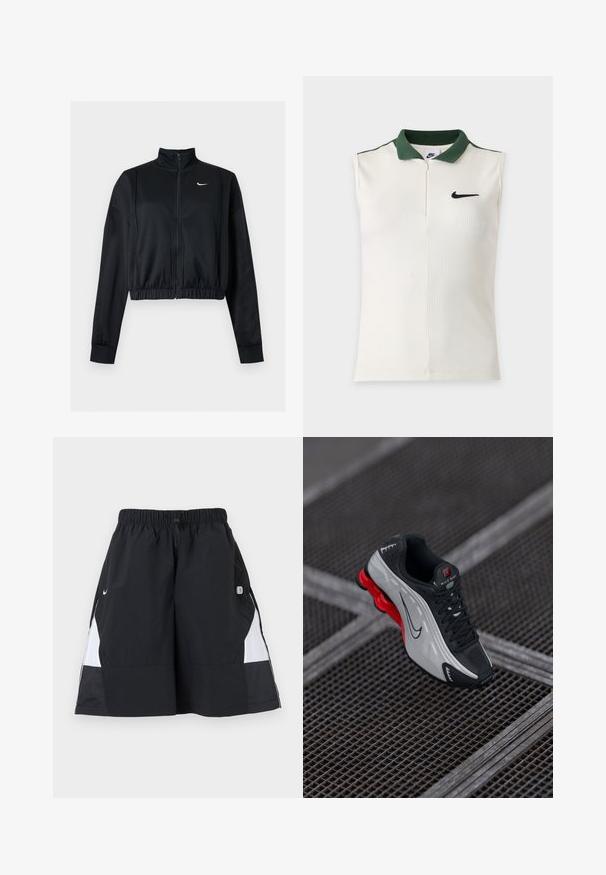Čierna krátka bunda na zips s dlhým rukávom, vysokým golierom a bielym logom Nike Swoosh na ľavej strane hrude.; Biely bezrukávnik Nike s rebrovanou textúrou, tmavozeleným golierom, polovičným zipsom a čiernym logom Nike na hrudi.; Čierno-biele športové šortky s elastickým pásom a sťahovacou šnúrkou, s logom Nike Swoosh a malou nášivkou na pravej strane.; Čierna a šedá atletická obuv s červenou odpruženou podrážkou, čiernymi šnúrkami a logom Swoosh odložená na kovovej mriežke.