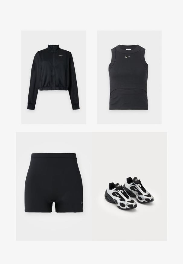 Chaqueta negra corta con cremallera, mangas largas, cuello alto y logo blanco de Nike Swoosh en el pecho izquierdo.; Top deportivo negro sin mangas, corto, con textura de canalé y logo blanco de Nike swoosh en el pecho.; Pantalones cortos deportivos negros hechos de un material suave y elástico, con una cinturilla de altura media y un pequeño logo de Nike en el lado izquierdo.; Zapatos deportivos negros y plateados con parte superior de malla y sintético, que presentan un diseño ondulante distintivo y un collar acolchado, con amortiguación de aire en la suela.
