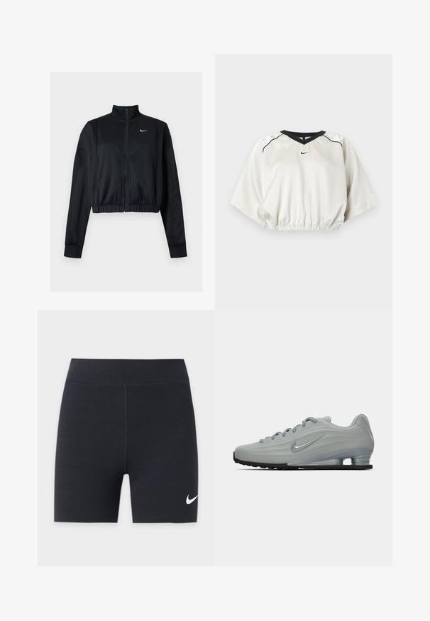Zwarte cropped jas met lange mouwen, rits, hoge kraag en wit Nike swoosh-logo op de linkerborst.; Witte cropped sporttop met zwarte V-hals boord, elastische tailleband, korte wijde mouwen en klein zwart Nike-logo aan de voorkant in het midden.; Zwarte sportshorts met een wit Nike swoosh-logo op het onderste linkerbeen, met hoge tailleband en centrale voorkantnaad.; Zijaanzicht van een lichtgrijze Nike sneaker met veters, een swoosh-logo en een doorzichtige schokdempende zool op een effen achtergrond.