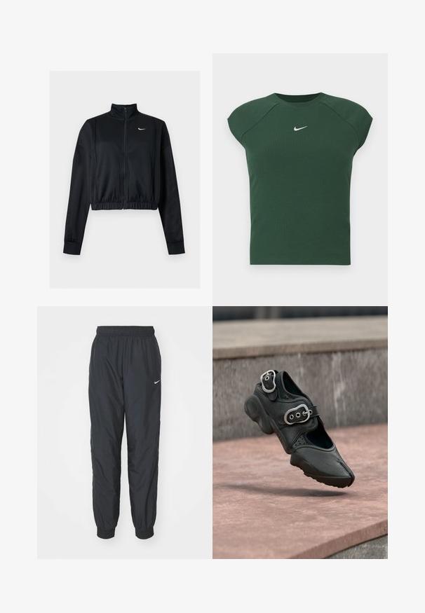 Mustast pikast varrukast lühike lukuga jakk kõrge kraega ja valge Nike Swoosh logo vasakul rinnal.; Tümest tumes roheline ribadest lühikesed varrukad sportlik tipp ümmarguse kaelusega, millel on rinna kohal väike valge Nike swooshi logo.; Mustad Nike spordipüksid, mis on valmistatud kergest kangast, elastse vöökoha ja mansettidega, vasaku jala peal on väike valge logo.; Must nahkkontsaga king kahe hõbedase pandlaga, paksu tallaga ja aukudega detailidega, hõljumas kivi peal.