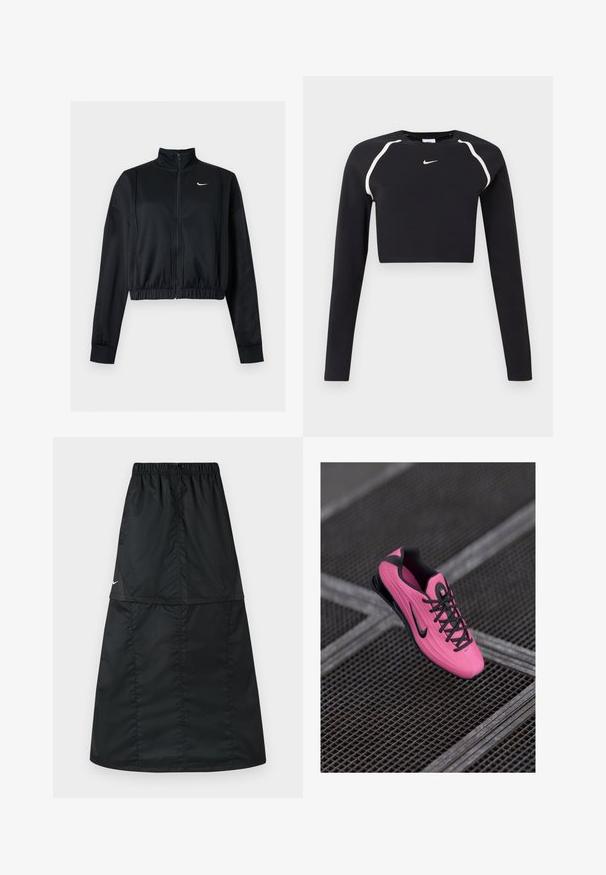 Schwarze, kurz geschnittene Jacke mit Reißverschluss, langen Ärmeln, hohem Kragen und weißem Nike Swoosh-Logo auf der linken Brust.; Schwarzes langärmliges, kurzes Sportoberteil mit weißen, geschwungenen Schulterstreifen und kleinem weißen Nike-Swoosh-Logo auf der Brustmitte.; Schwarzer sportlicher Rock aus leichtem, glattem Nylonstoff. Verfügt über einen elastischen Bund und ein schlichtes, langes, A-förmiges Design.; Pinker Nike Sportschuh mit schwarzen Akzenten, Mesh-Struktur und geriffeltem Design. Verfügt über eine gepolsterte Sohle und ein traditionelles Schnürsystem.