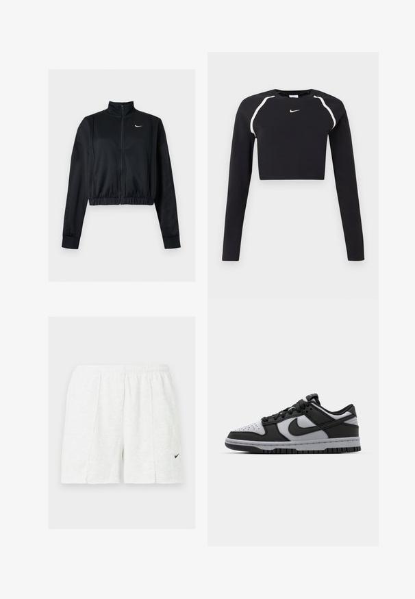 Čierna krátka bunda na zips s dlhým rukávom, vysokým golierom a bielym logom Nike Swoosh na ľavej strane hrude.; Čierny dlhý rukáv crop športový top s bielymi zakrivenými pruhmi na pleciach a malým bielym logom Nike na strede hrudi.; Biele športové šortky s elastickým pásom a čiernym logom Nike swoosh na ľavej nohe, zobrazené na jednoduchom pozadí.; Čierne a šedé nízke tenisky Nike Dunk s perforovanou špičkou, hladkými koženými akcentmi a gumovou podrážkou so štruktúrovaným dezénom.