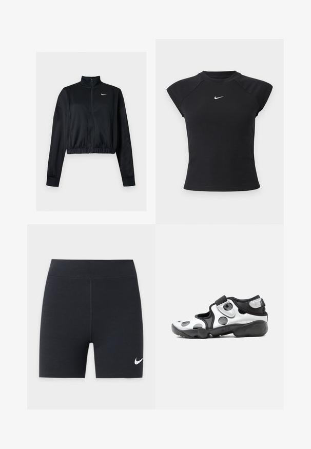Μαύρο cropped μπουφάν με μακριά μανίκια, φερμουάρ, ψηλό γιακά και λευκό λογότυπο Nike Swoosh στο αριστερό στήθος.; Μαύρο κοντομάνικο τοπ με ριμπ υφή, με στρογγυλή λαιμόκοψη και μικρό λευκό λογότυπο Nike στο στήθος.; Μαύρα αθλητικά σορτς με λευκό λογότυπο Nike swoosh στο κάτω αριστερό πόδι, με ψηλή μέση και κεντρική μπροστινή ραφή.; Αθλητικό παπούτσι χωρίς κορδόνια σε ασπρόμαυρο με μεγάλα πουά, ρυθμιζόμενο λουράκι και παχιά μαλακή σόλα με την ένδειξη "AIR".