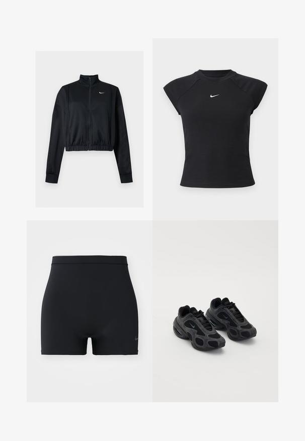 Musta pitkähihaisen lyhyt vetoketjullinen takki, jossa korkea kaulus ja valkoinen Nike-swoosh-merkki vasemmassa rinnassa.; Musta, lyhythihainen yläosa, jossa on resoitetty rakenne, pyöreä pääntie ja pieni valkoinen Nike-logo rinnassa.; Mustat urheilushortsit, jotka on valmistettu sileästä, joustavasta materiaalista. Niissä on keskipitkä vyötärönauha ja pieni Nike-logo vasemmalla puolella.; Mustat Nike-tossut, joissa on verkko- ja nahkapaneelit, ainutlaatuiset leikkuureiät ja pehmustetut kaulaosat. Kiiltävät yksityiskohdat sivuilla korostavat modernia muotoilua.