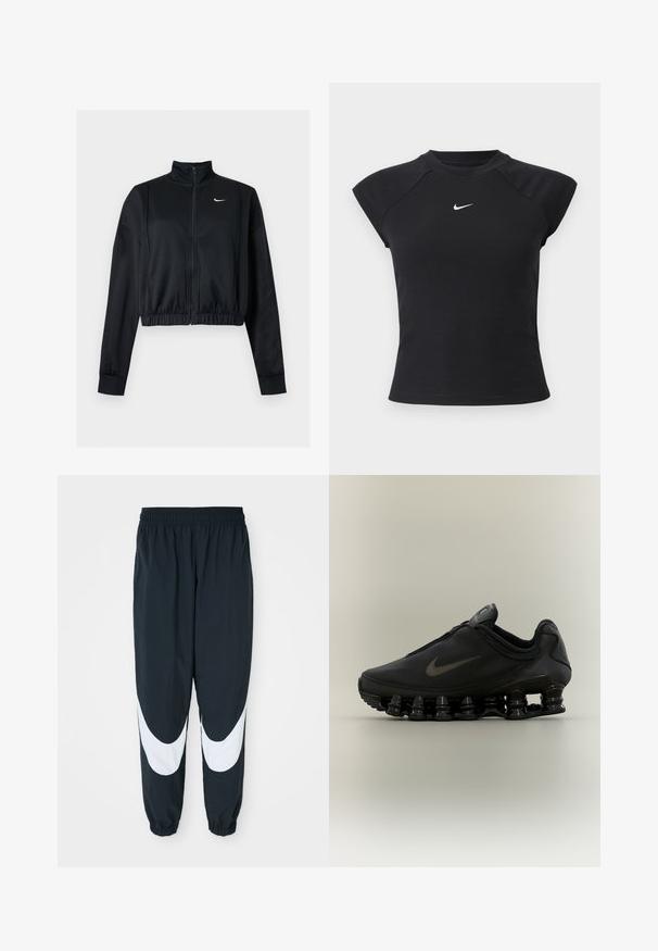 Musta pitkähihaisen lyhyt vetoketjullinen takki, jossa korkea kaulus ja valkoinen Nike-swoosh-merkki vasemmassa rinnassa.; Musta, lyhythihainen yläosa, jossa on resoitetty rakenne, pyöreä pääntie ja pieni valkoinen Nike-logo rinnassa.; Mustat urheiluhousut, joissa valkoiset kaarevat paneelit, joustava vyötärö ja kootut hihnat. Housut on valmistettu kevyestä kankaasta ja niissä on rento istuvuus.; Musta Nike-tennari, jossa on vetoketjulla varustettu päällinen ja erottuva joustinmäinen segmentoitunut pohja, esitetty sivuprofiilissa neutraalilla taustalla.