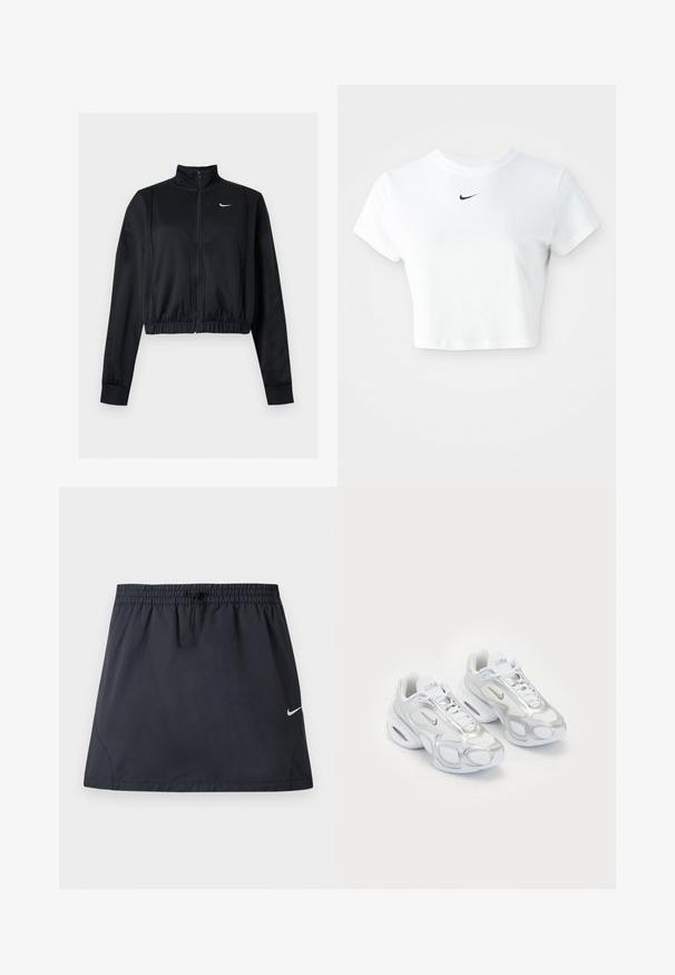Čierna krátka bunda na zips s dlhým rukávom, vysokým golierom a bielym logom Nike Swoosh na ľavej strane hrude.; Biely skrátený tričko vyrobené z bavlny, s krátkymi rukávmi a okrúhlym výstrihom, s čiernym logom Nike na hrudi.; Čierna športová sukňa s elastickým pásom a nastaviteľným sťahovacím šnúrkou, s malým bielym logom Nike Swoosh na pravej strane.; Biele športové topánky s vrchom z sieťoviny a striebornými akcentmi, unikátnym tvarom a vzduchovým odpružením v päte. Šnurovací dizajn s logom.