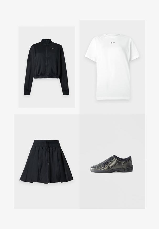 Μαύρο cropped μπουφάν με μακριά μανίκια, φερμουάρ, ψηλό γιακά και λευκό λογότυπο Nike Swoosh στο αριστερό στήθος.; Λευκό T-shirt κοντομάνικο με στρογγυλή λαιμόκοψη και μικρό μαύρο λογότυπο Nike κάτω από τον λαιμό.; Μαύρη πλισέ φούστα με ελαστική μέση και κορδόνι, μήκους μέχρι το γόνατο, σε απλό ανοιχτό γκρι φόντο.; Μαύρο χαμηλό Nike sneaker με κορδόνια, ραφές και υφή στην σόλα, σε λευκό απλό φόντο.