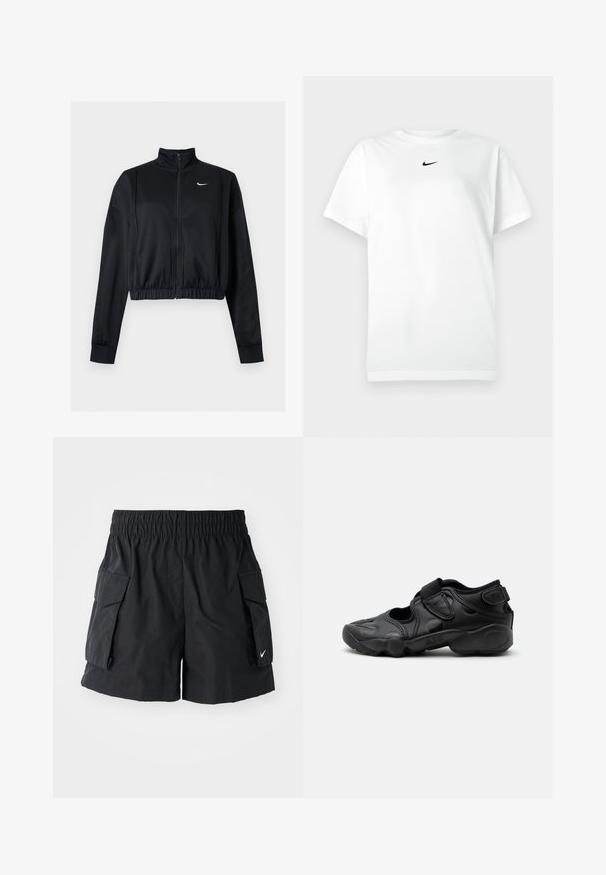 Čierna krátka bunda na zips s dlhým rukávom, vysokým golierom a bielym logom Nike Swoosh na ľavej strane hrude.; Biele tričko s krátkym rukávom a okrúhlym výstrihom, na ktorom je malé čierne logo Nike swoosh umiestnené tesne pod výstrihom.; Čierne cargo šortky vyrobené z ľahkej tkaniny, s elastickým pásom, dvoma bočnými vreckami a malým bielym logom na leme.; Čierna športová sandála s uzavretou špičkou, suchými zipsami na priehlavku a päte a hrubou vystlanou podrážkou označenou "AIR" na boku.