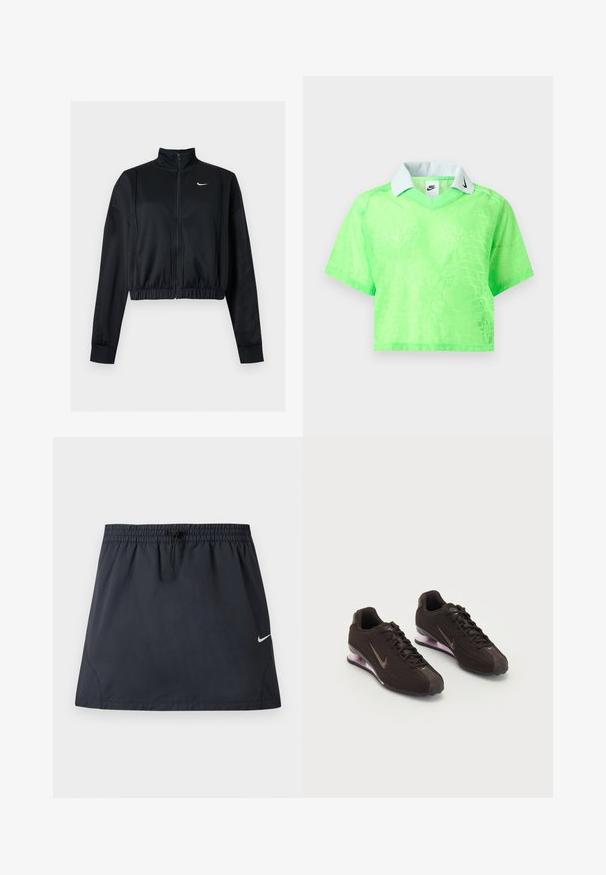 Μαύρο cropped μπουφάν με μακριά μανίκια, φερμουάρ, ψηλό γιακά και λευκό λογότυπο Nike Swoosh στο αριστερό στήθος.; Nέον πράσινο crop top με κοντά μανίκια και διακριτικό μοτίβο, λευκό γιακά και μαύρο λογότυπο Nike Swoosh στον γιακά και στην ετικέτα εσωτερικά.; Μαύρη αθλητική φούστα με ελαστική μέση και ρυθμιζόμενο κορδόνι, με μικρό λευκό λογότυπο Nike Swoosh στη δεξιά πλευρά.; Μαύρα αθλητικά παπούτσια με υφή στο πάνω μέρος, καφέ λεπτομέρειες και μωβ σόλα με αερόστρωση. Σχέδιο με κορδόνια και έντονη σήμανση.