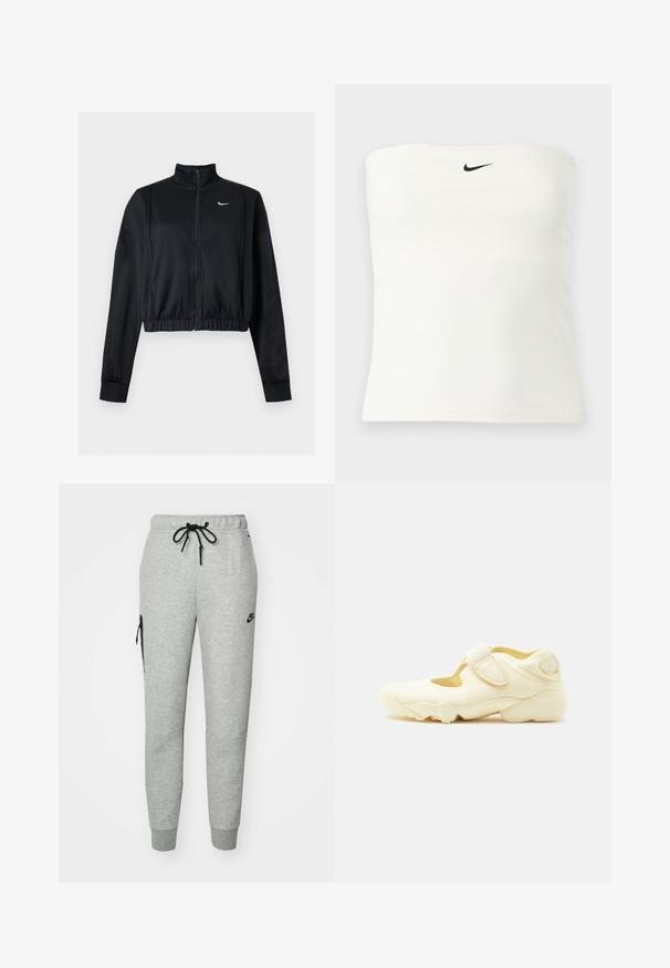 Čierna krátka bunda na zips s dlhým rukávom, vysokým golierom a bielym logom Nike Swoosh na ľavej strane hrude.; Biely bezramienkový Nike trubkový top s čiernym logom swoosh umiestneným v strede blízko horného okraja, zobrazený na jednoduchom svetlom pozadí.; Šedé tepláky vyrobené z mäkkého materiálu s pásom na šnúrku, zúženými nohavicami a zipsovou vreckom na ľavej strane. Obsahujú čierne logo.; Béžová športová topánka s hrubou podrážkou, dizajnom s výrezmi a dvoma nastaviteľnými suchými zipsami na bielom pozadí.