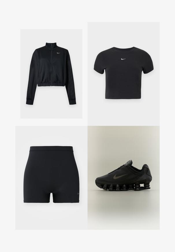 Čierna krátka bunda na zips s dlhým rukávom, vysokým golierom a bielym logom Nike Swoosh na ľavej strane hrude.; Čierne krátke tričko z bavlny s okrúhlym výstrihom a krátkymi rukávmi. Na hrudi výrazné biele logo Nike.; Čierne športové šortky vyrobené z hladkého, elastického materiálu, s pásom strednej výšky a malým logom Nike na ľavej strane.; Čierna teniska Nike so zipsom na hornej časti a výraznou pružinovou podrážkou v oddelených segmentoch, zobrazená z profilu na neutrálnom pozadí.