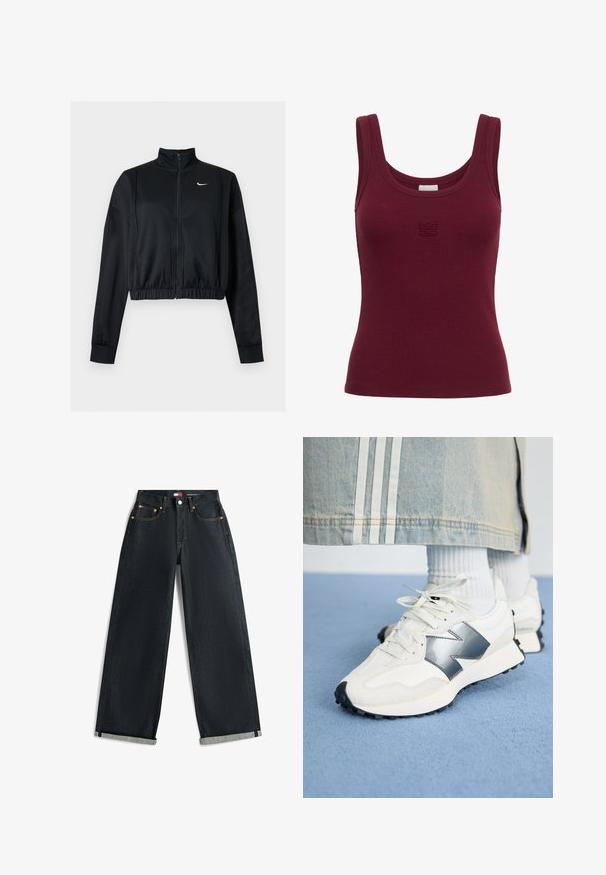 Schwarze, kurz geschnittene Jacke mit Reißverschluss, langen Ärmeln, hohem Kragen und weißem Nike Swoosh-Logo auf der linken Brust.; Ärmelloses, kastanienbraunes, geripptes Tanktop mit Rundhalsausschnitt und kleinem, aufgesticktem Logo in der Mitte der Brust.; Dunkelblaue Jeans mit weitem Bein und aufgerollten Säumen, Fünf-Taschen-Design und kontrastierenden orangen Nähten auf weißem Hintergrund.; Weiße Sportsneaker mit silbernem Akzent, strukturiertem Stoff und glattem Leder; mit einer schwarzen Gummisohle und Schnürsenkeln.