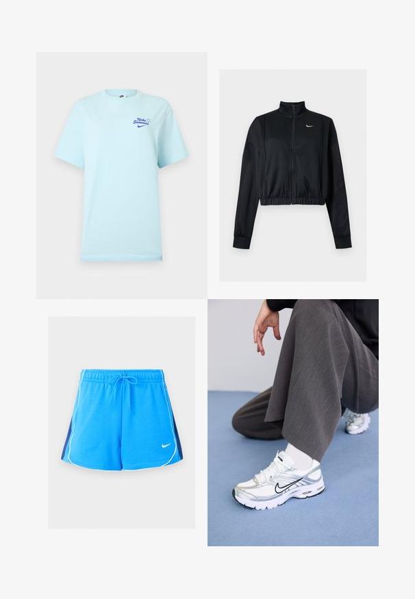 Μαύρο cropped μπουφάν με μακριά μανίκια, φερμουάρ, ψηλό γιακά και λευκό λογότυπο Nike Swoosh στο αριστερό στήθος.; Ανοιχτό μπλε μπλουζάκι Nike με κοντά μανίκια, με μικρό κείμενο "Nike Summer" και λογότυπο σε μπλε στην αριστερή πλευρά του στήθους.; Μπλε αθλητικές κοντές βερμούδες με λευκή ρίγα κατά μήκος των άκρων, μπλε ναυτικό πλαϊνά πάνελ, ελαστική μέση, κορδόνι και μικρό λευκό λογότυπο Nike μπροστά.; Λευκά και ασημί αθλητικά παπούτσια με δίχτυ και συνθετικά υλικά, που διαθέτουν μαύρες λεπτομέρειες, κορδόνια και υφασμάτους σόλες.