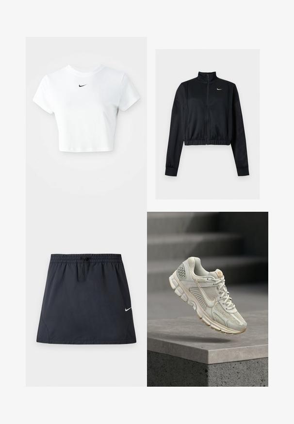 Čierna krátka bunda na zips s dlhým rukávom, vysokým golierom a bielym logom Nike Swoosh na ľavej strane hrude.; Biely skrátený tričko vyrobené z bavlny, s krátkymi rukávmi a okrúhlym výstrihom, s čiernym logom Nike na hrudi.; Čierna športová sukňa s elastickým pásom a nastaviteľným sťahovacím šnúrkou, s malým bielym logom Nike Swoosh na pravej strane.; Svetlo béžová bežecká topánka s sieťovaným zvrškom, mäkkým podšívkou, gumovou podrážkou a hnedými akcentmi. Má výrazné bočné logo v tvare šípky a textúrované panely.