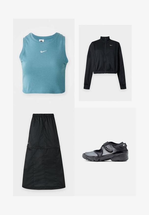 Μαύρο cropped μπουφάν με μακριά μανίκια, φερμουάρ, ψηλό γιακά και λευκό λογότυπο Nike Swoosh στο αριστερό στήθος.; Κομμένο, χωρίς μανίκια μπλουζάκι σε φωτεινό μπλε ριπ υλικό με λευκό λογότυπο Nike στο στήθος και στρογγυλή λαιμόκοψη.; Μαύρη αθλητική φούστα από ελαφρύ, λείο νάιλον ύφασμα. Διαθέτει ελαστική μέση και απλό, μακρύ, σε σχήμα Α κόψιμο.; Μαύρο αθλητικό παπούτσι Nike με γυαλιστερή επιφάνεια, ρυθμιζόμενους ιμάντες με Velcro και σχέδιο κοπής στης πλευρές, πλάγια θέα σε απλού φόντο.