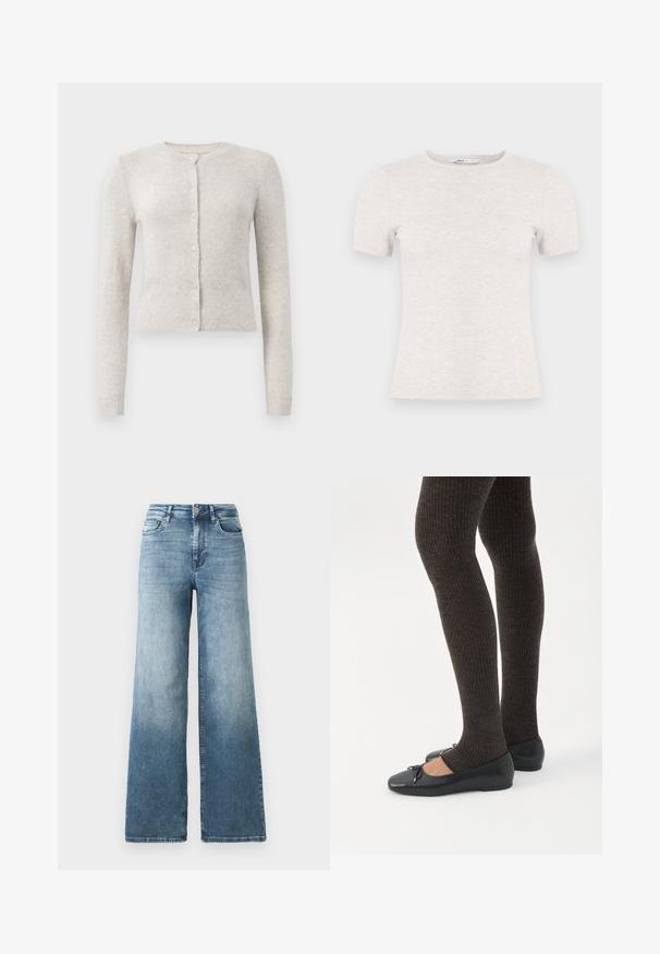 Cardigan gris clair en tissu doux avec un col rond, des manches longues et cinq boutons présentant une finition texturée. Ourlet et poignets tricotés.; T-shirt gris clair à manches courtes en tissu côtelé avec un col rond. Design simple, texture lisse, sans motifs ni accents visibles.; Jean en denim à jambes larges dans un délavage bleu clair, avec une taille haute, un design à cinq poches et un léger dégradé sur le tissu. Fermeture classique à bouton en métal.; Jambes portant des leggings côtelés foncés associés à des ballerines noires avec de petits détails en nœud sur fond blanc.