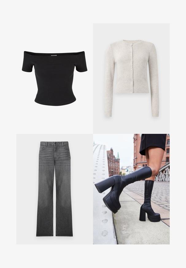 Cárdigan gris claro hecho de una tela suave, con cuello redondo, mangas largas y cinco botones que presentan un acabado texturizado. Dobladillo y puños de punto.; Top negro sin mangas de tela acanalada, con mangas cortas y un diseño ajustado, con una textura suave y líneas limpias.; Pantalones vaqueros de pierna ancha en denim gris con un lavado medio, que presentan un diseño de cinco bolsillos, cierre frontal con botón y detalles de costura sutiles.; Botas de plataforma negras hasta la rodilla, hechas de cuero suave, con gruesos tacones cuadrados y un diseño elegante, situadas frente a un fondo de ciudad.